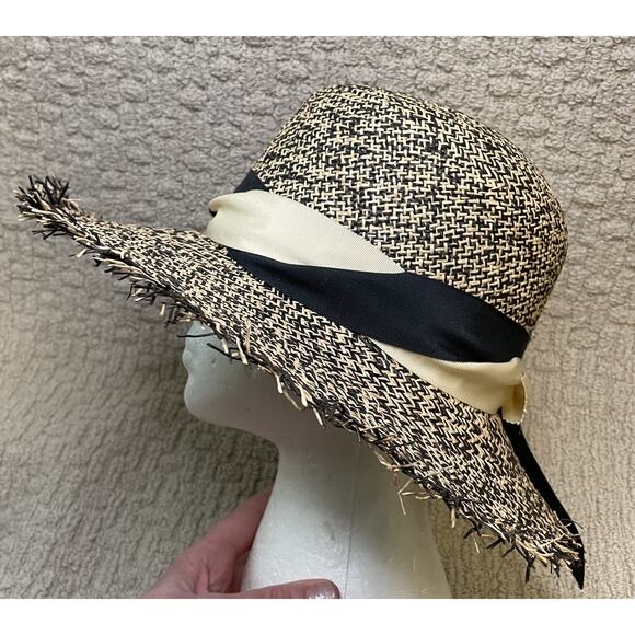 Brenda Lynn Black Beige Wide Brim Straw Hat OS Ribbon Trim Fringe main image 10